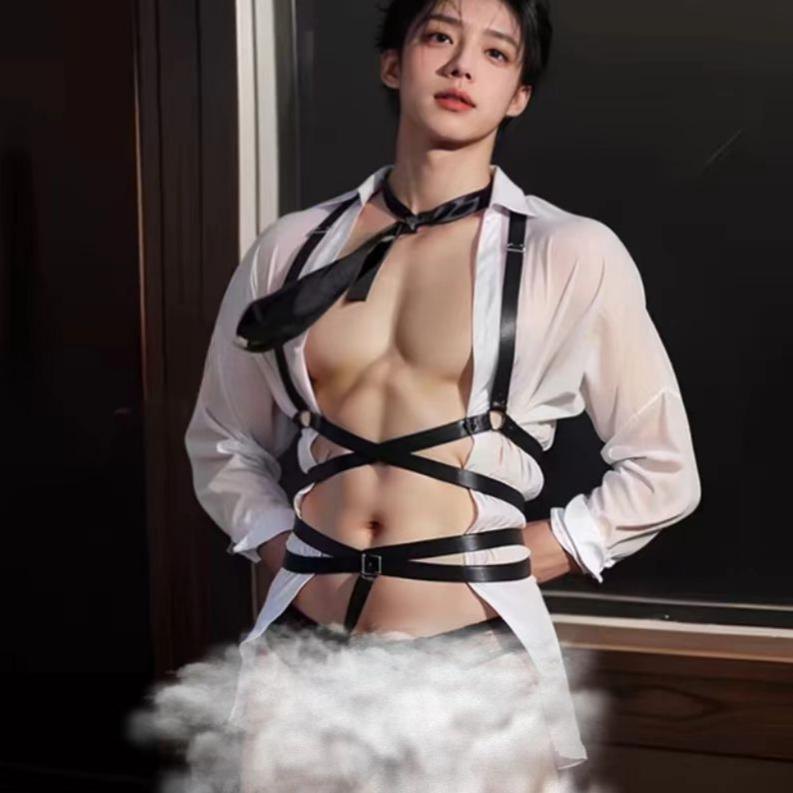 Mens sheer mesh leather harness choker top, photo 3