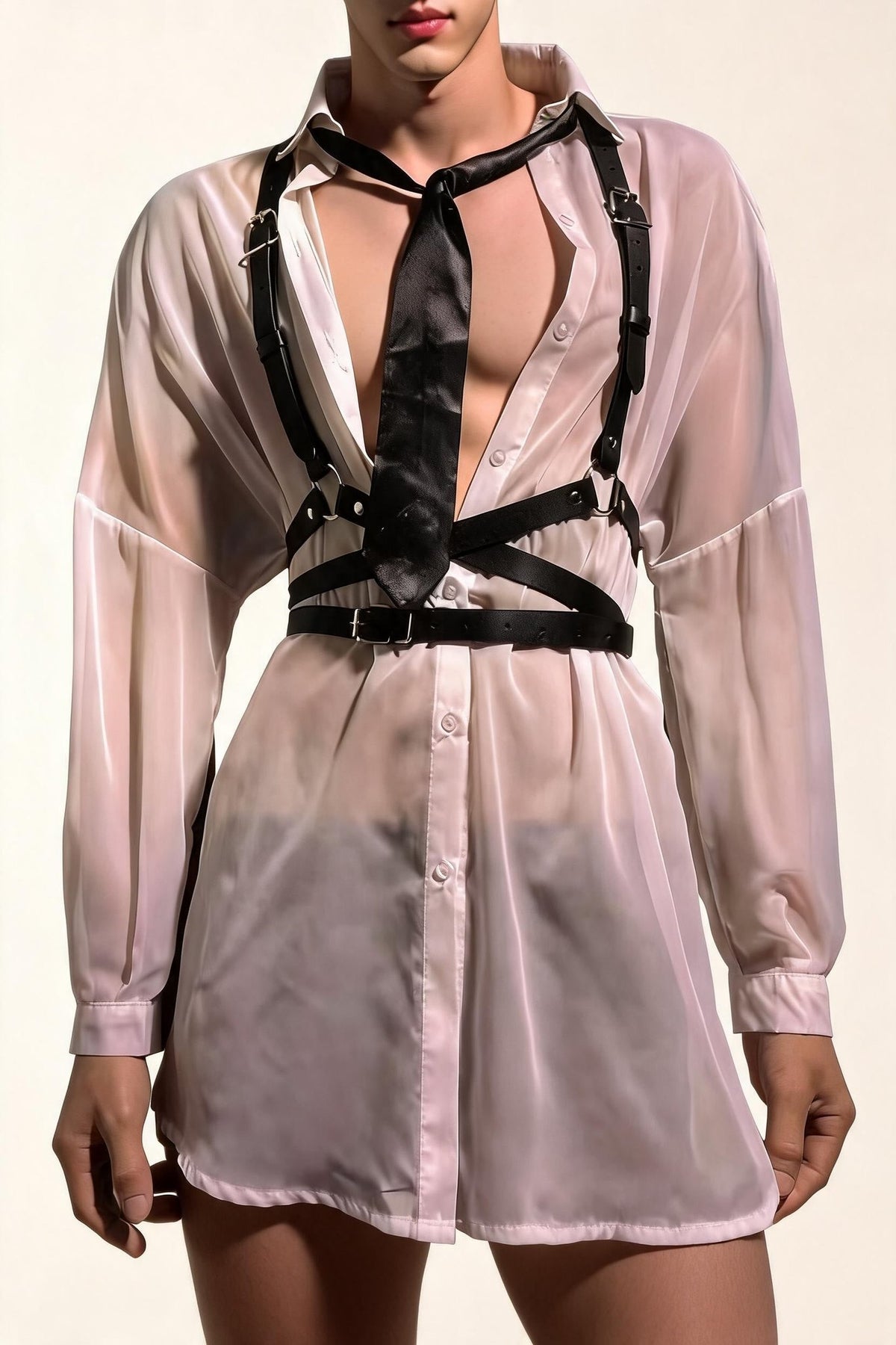 White mens sheer mesh leather harness choker top