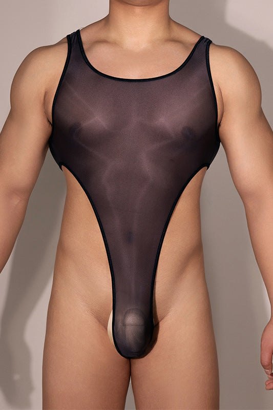 Black mens sheer stretch satin suspender bodysuit
