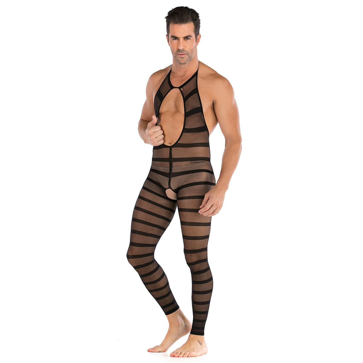 Black mens striped halter open crotch bodysuit