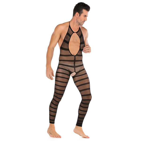 Mens striped halter open crotch bodysuit, photo 1