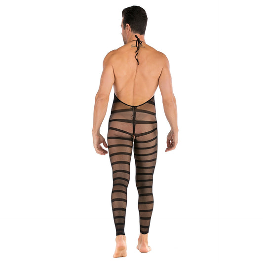 Mens striped halter open crotch bodysuit, photo 2