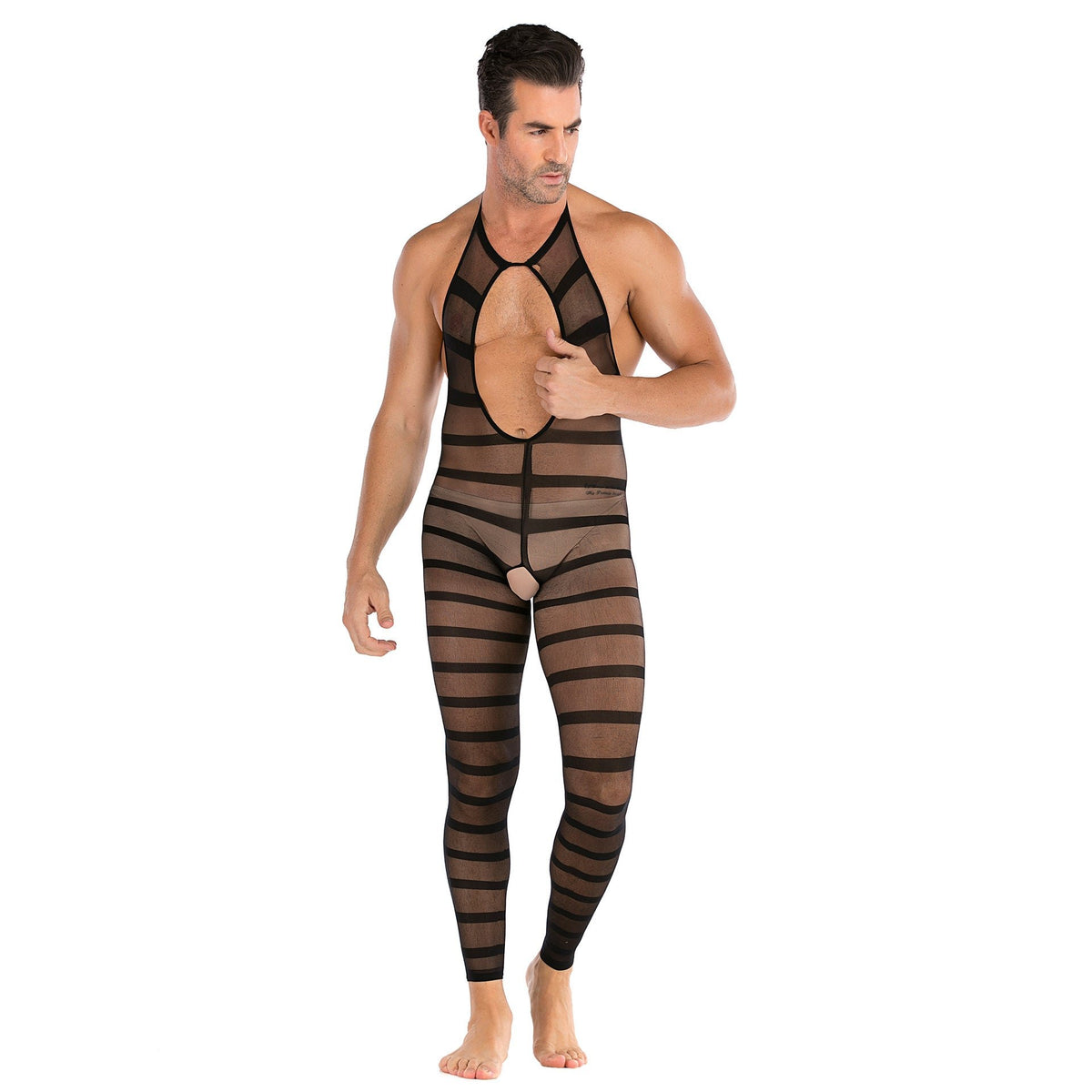 Mens striped halter open crotch bodysuit, photo 4