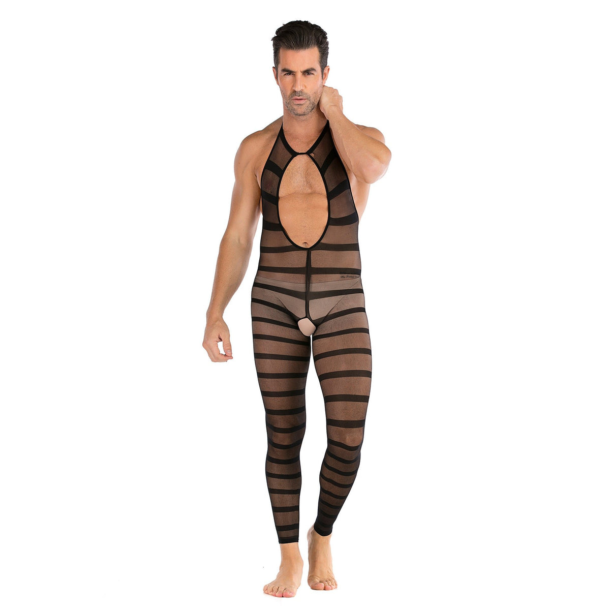 Mens striped halter open crotch bodysuit, photo 5