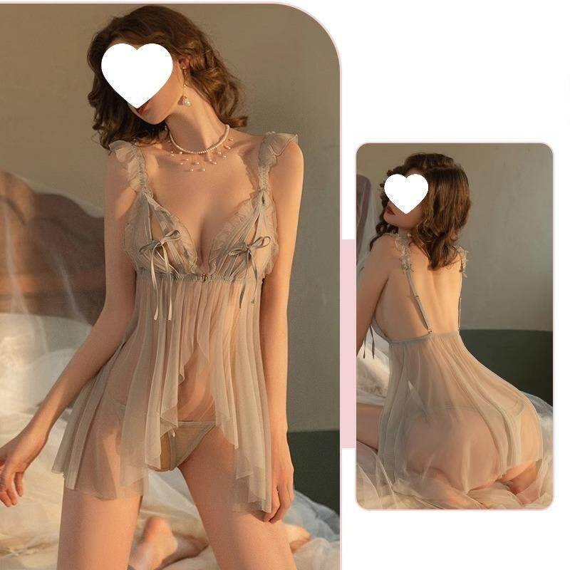 Green mesh see-through babydoll lingerie set
