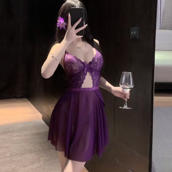 Purple mesh bowknot sheer nightdress