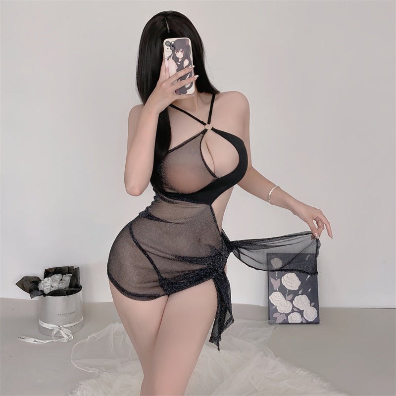 Black mesh cutout camisole bodysuit