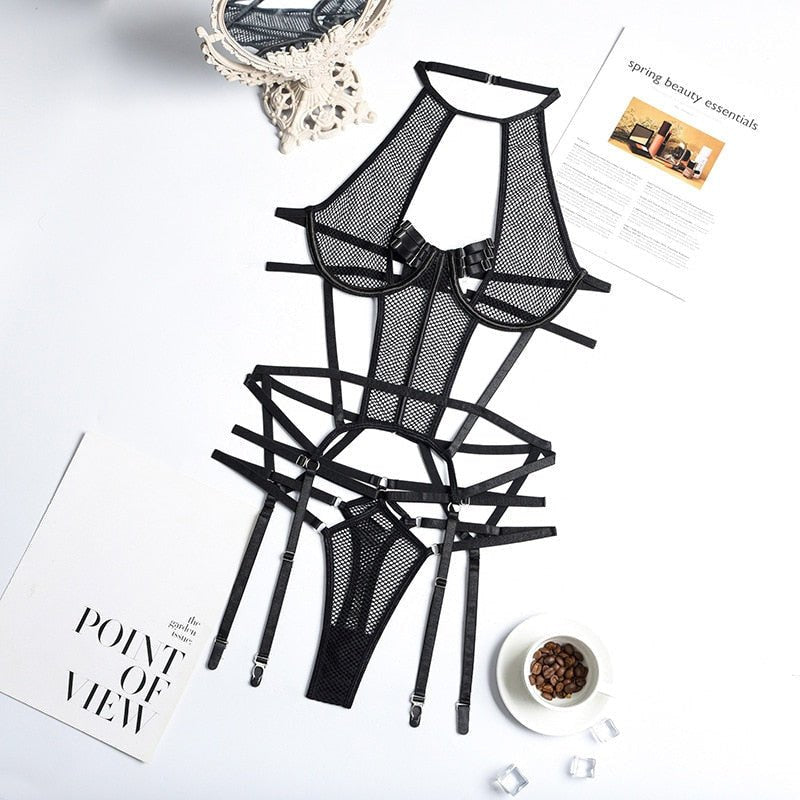 Mesh cutout strappy garter bodysuit set, photo 7