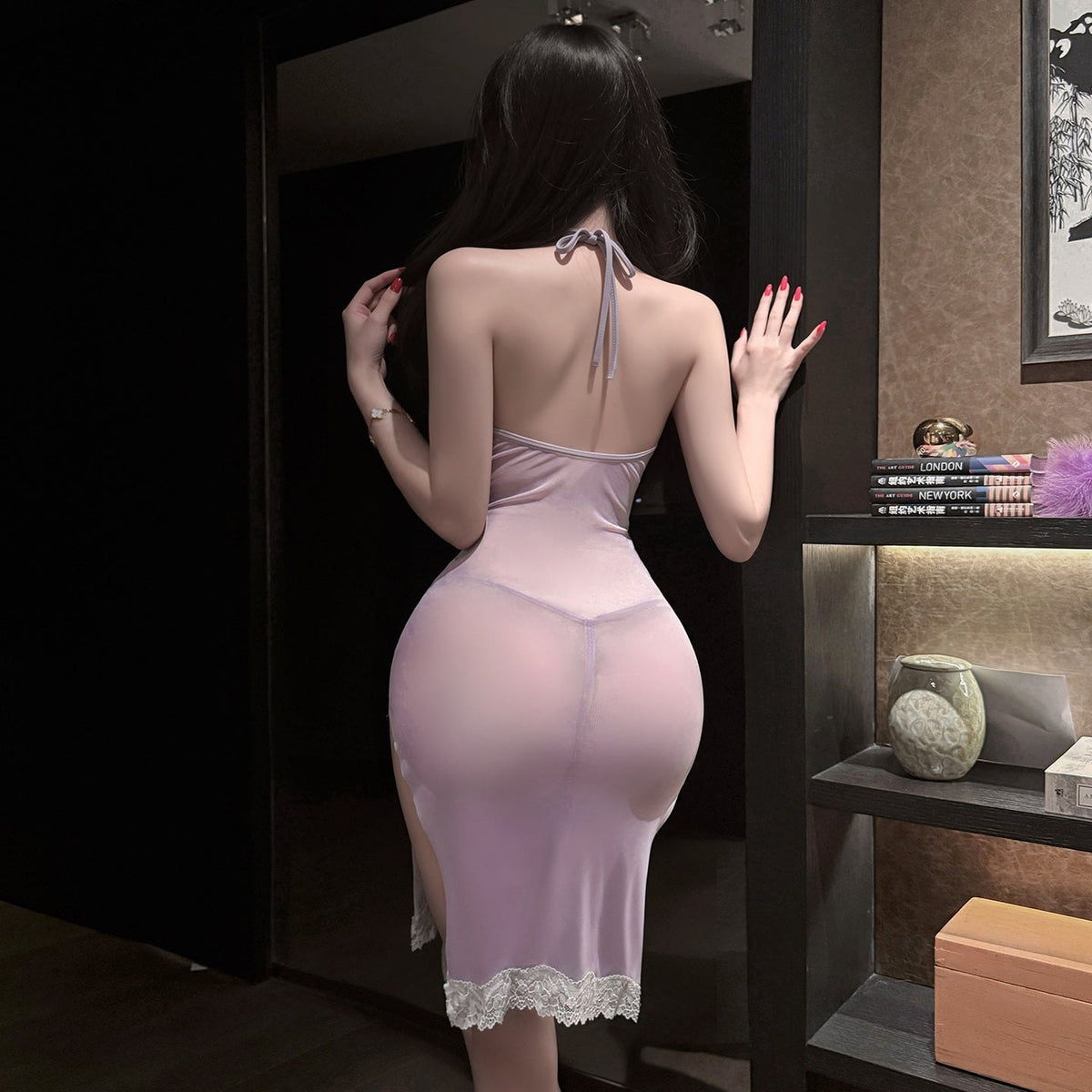 Mesh halter deep v chemise dress, photo 3