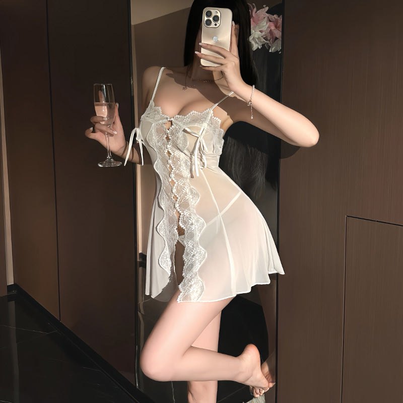 White mesh lace bow camisole nightdress