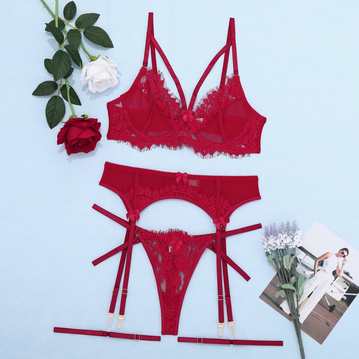 Mesh lace cage front garter bra set, photo 10