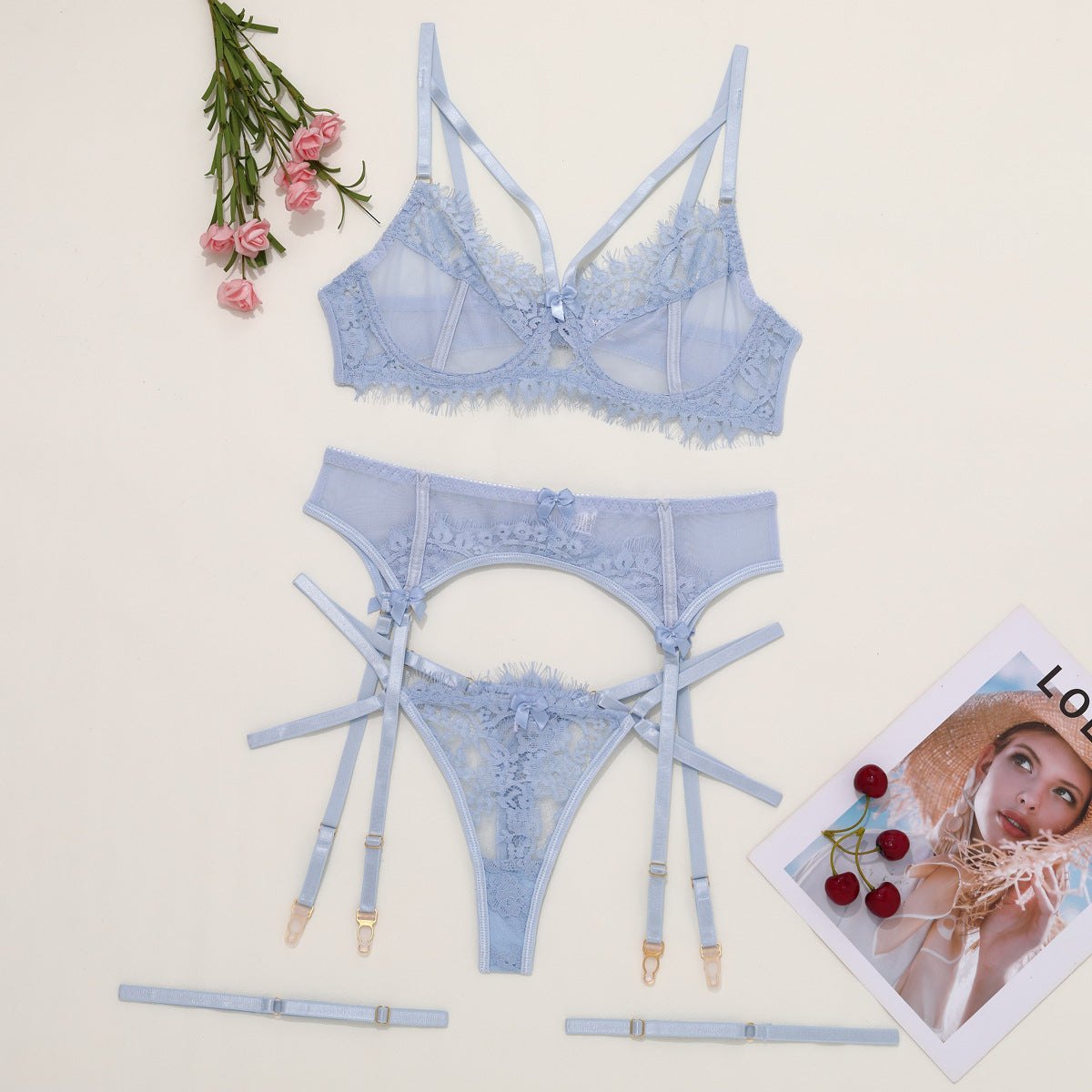 Mesh lace cage front garter bra set, photo 11