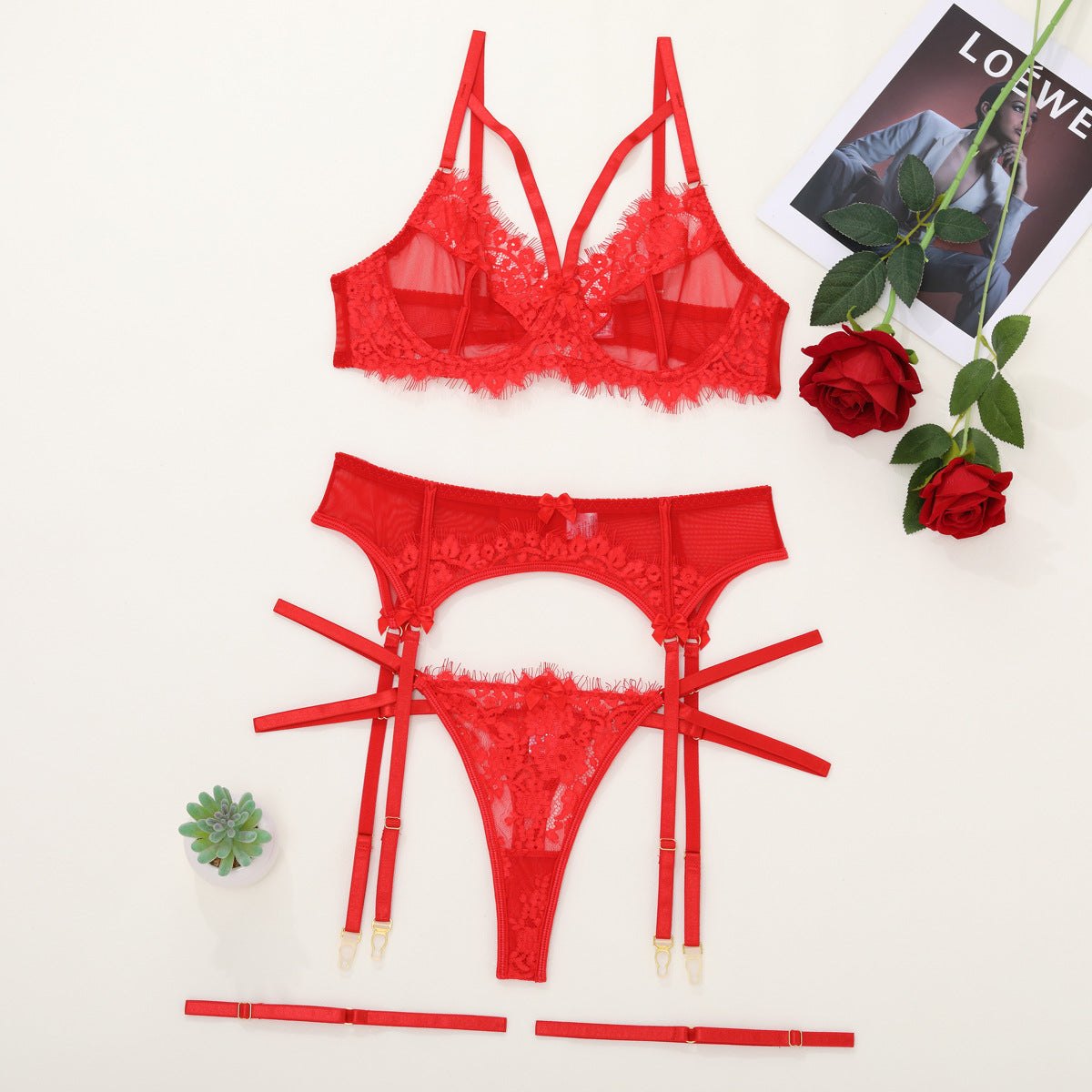 Mesh lace cage front garter bra set, photo 12