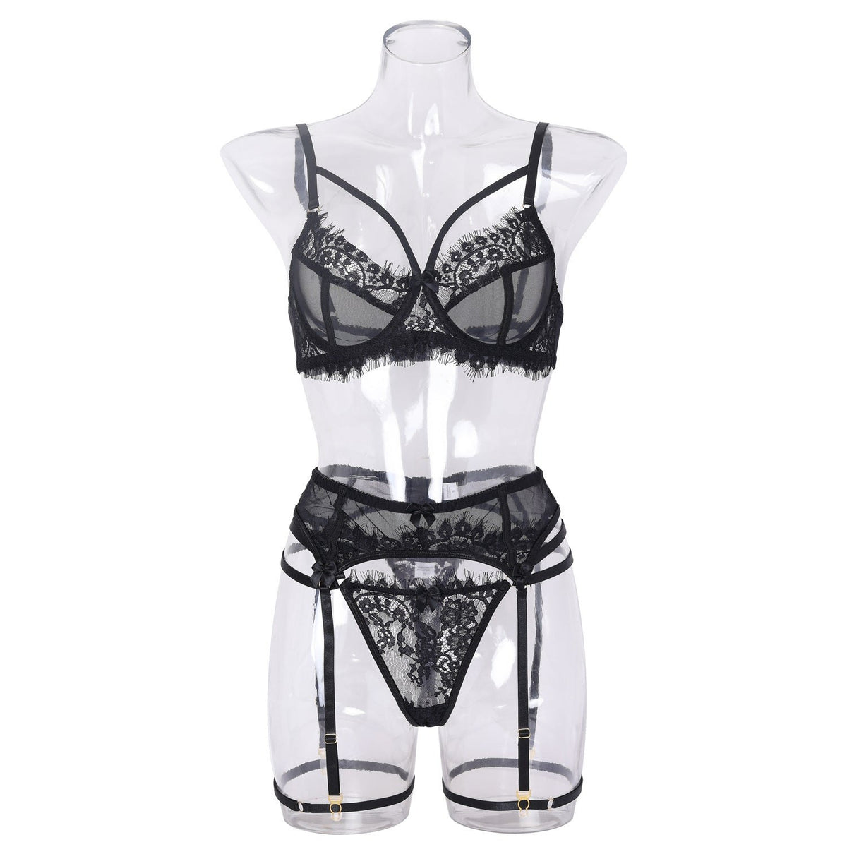 Mesh lace cage front garter bra set, photo 5