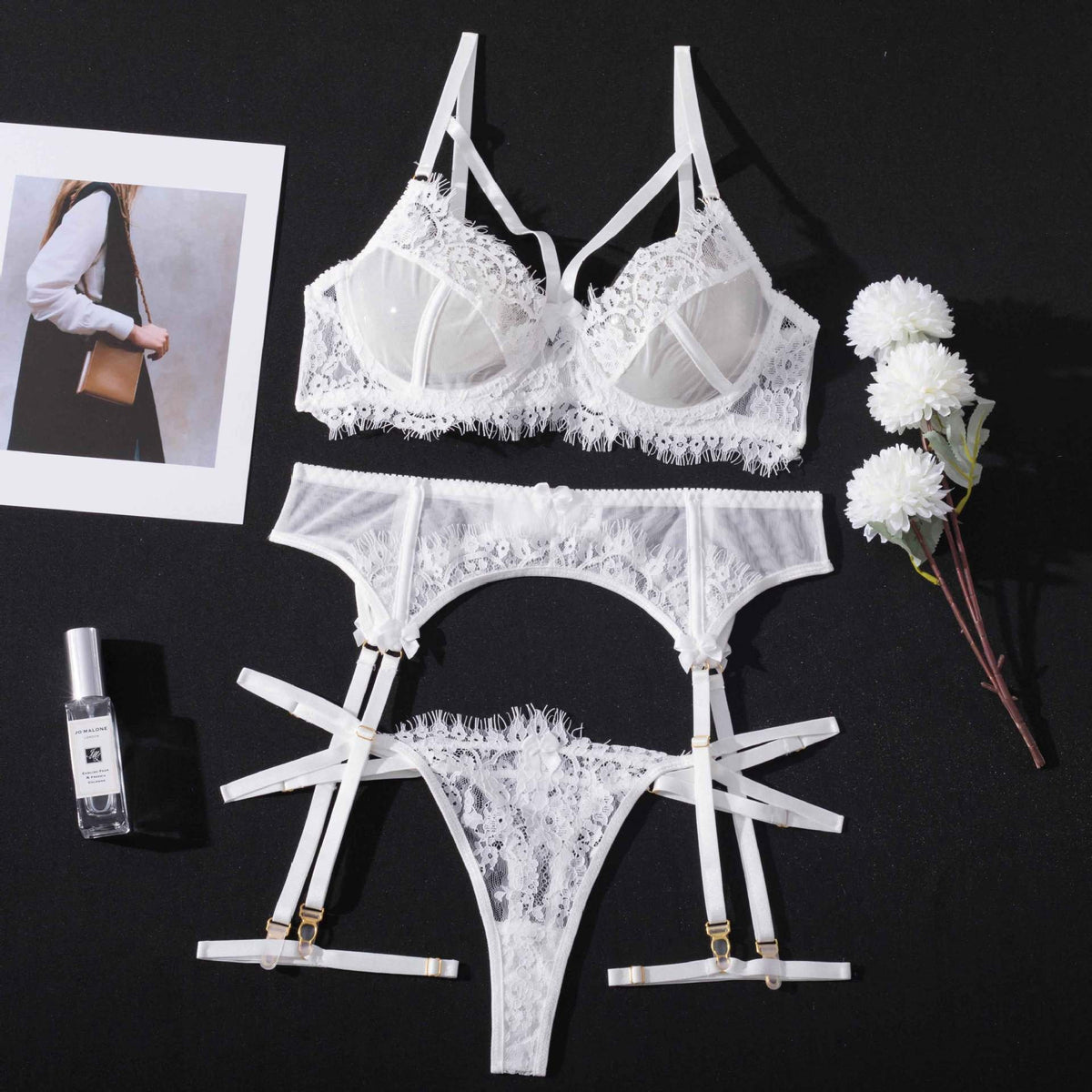 Mesh lace cage front garter bra set, photo 6