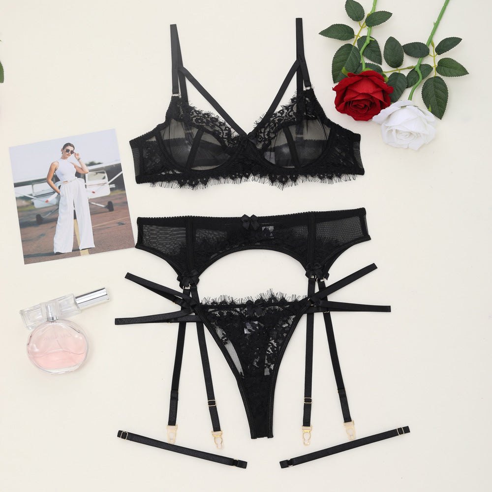 Mesh lace cage front garter bra set, photo 7