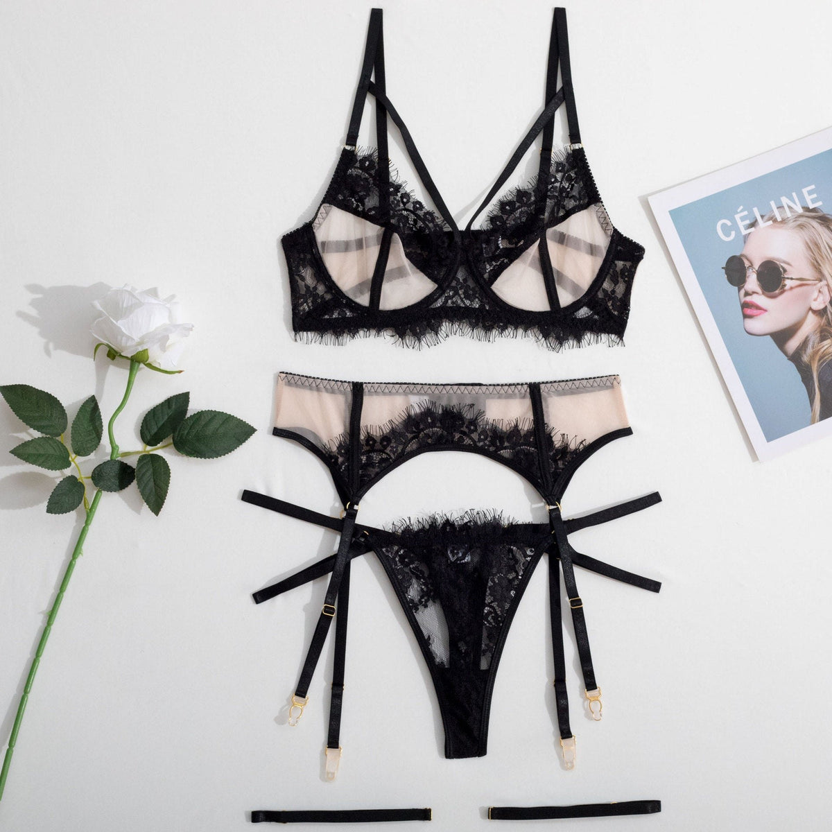 Mesh lace cage front garter bra set, photo 8