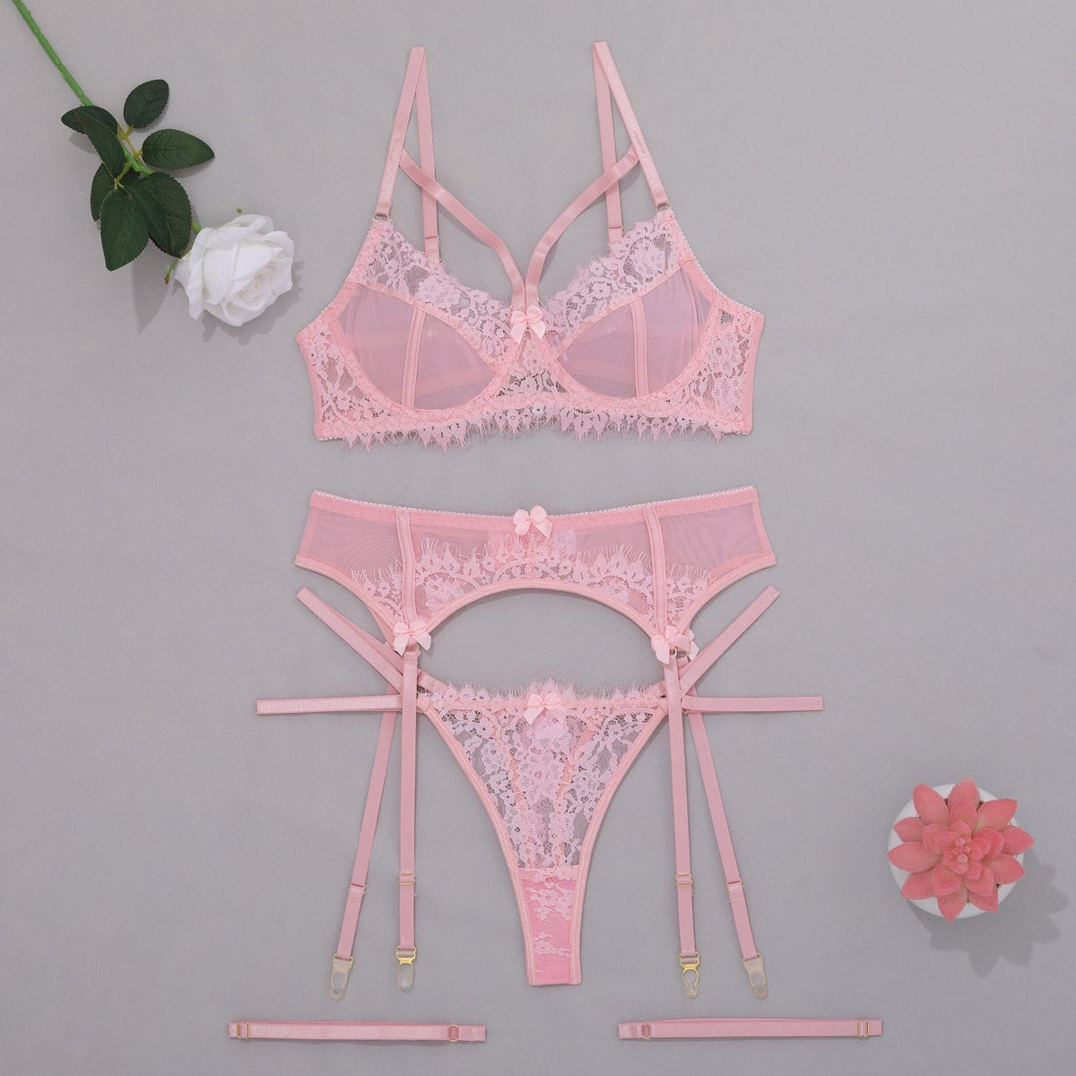 Mesh lace cage front garter bra set, photo 9