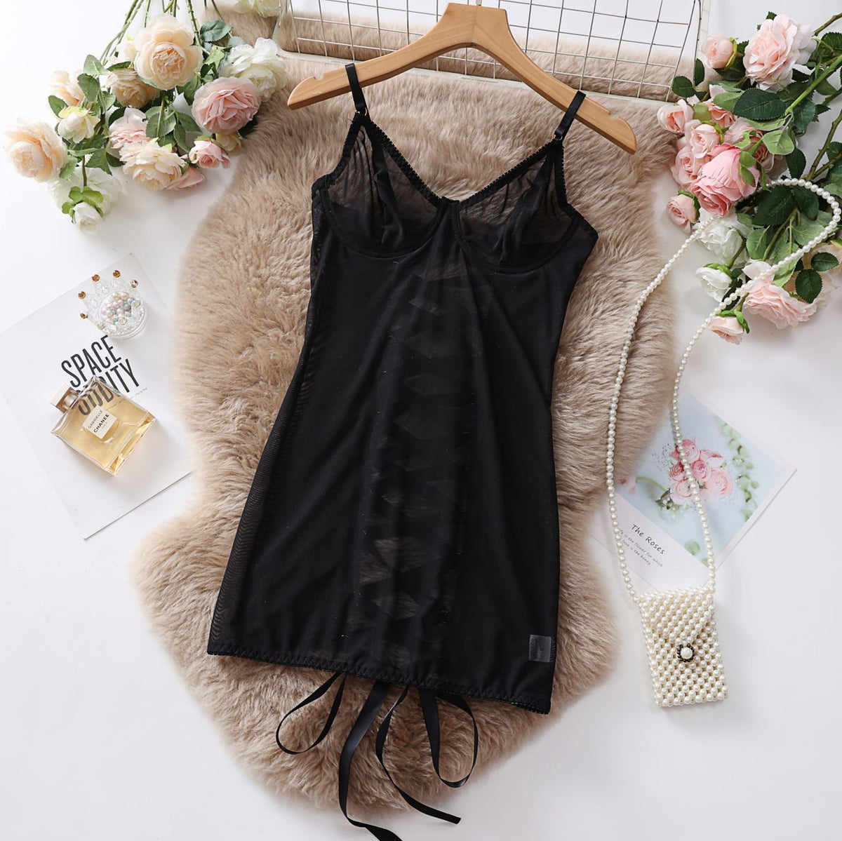 Black mesh lace suspender jumpsuit lingerie