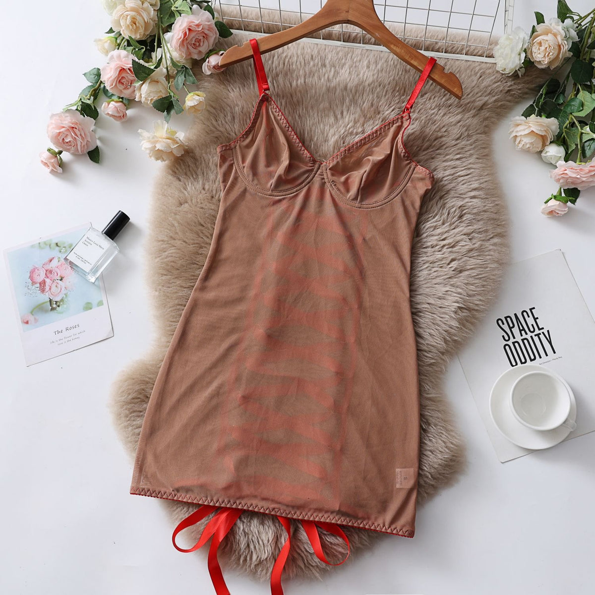 Nude mesh lace suspender jumpsuit lingerie