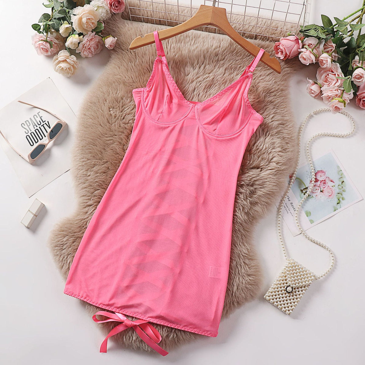 Pink mesh lace suspender jumpsuit lingerie