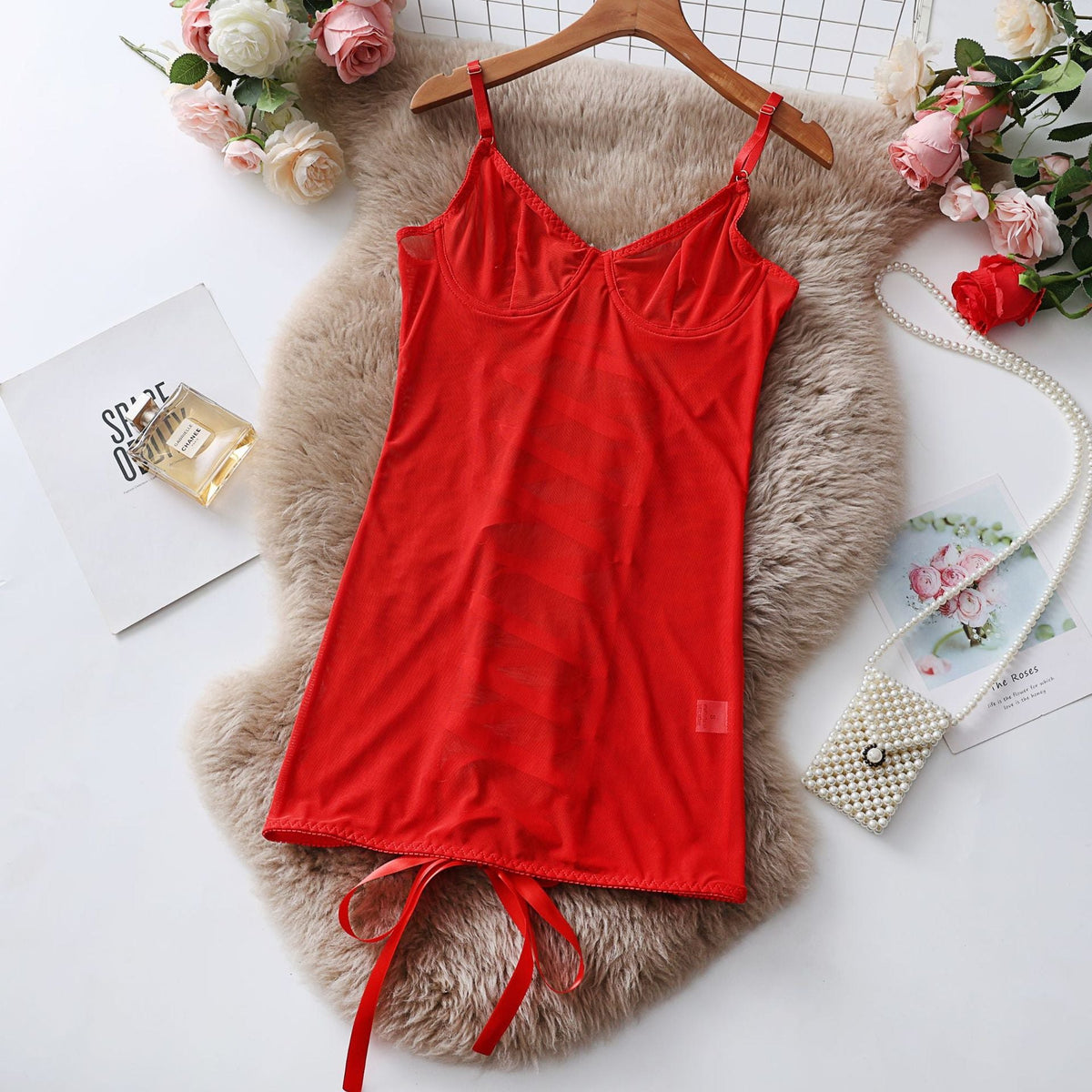 Red mesh lace suspender jumpsuit lingerie