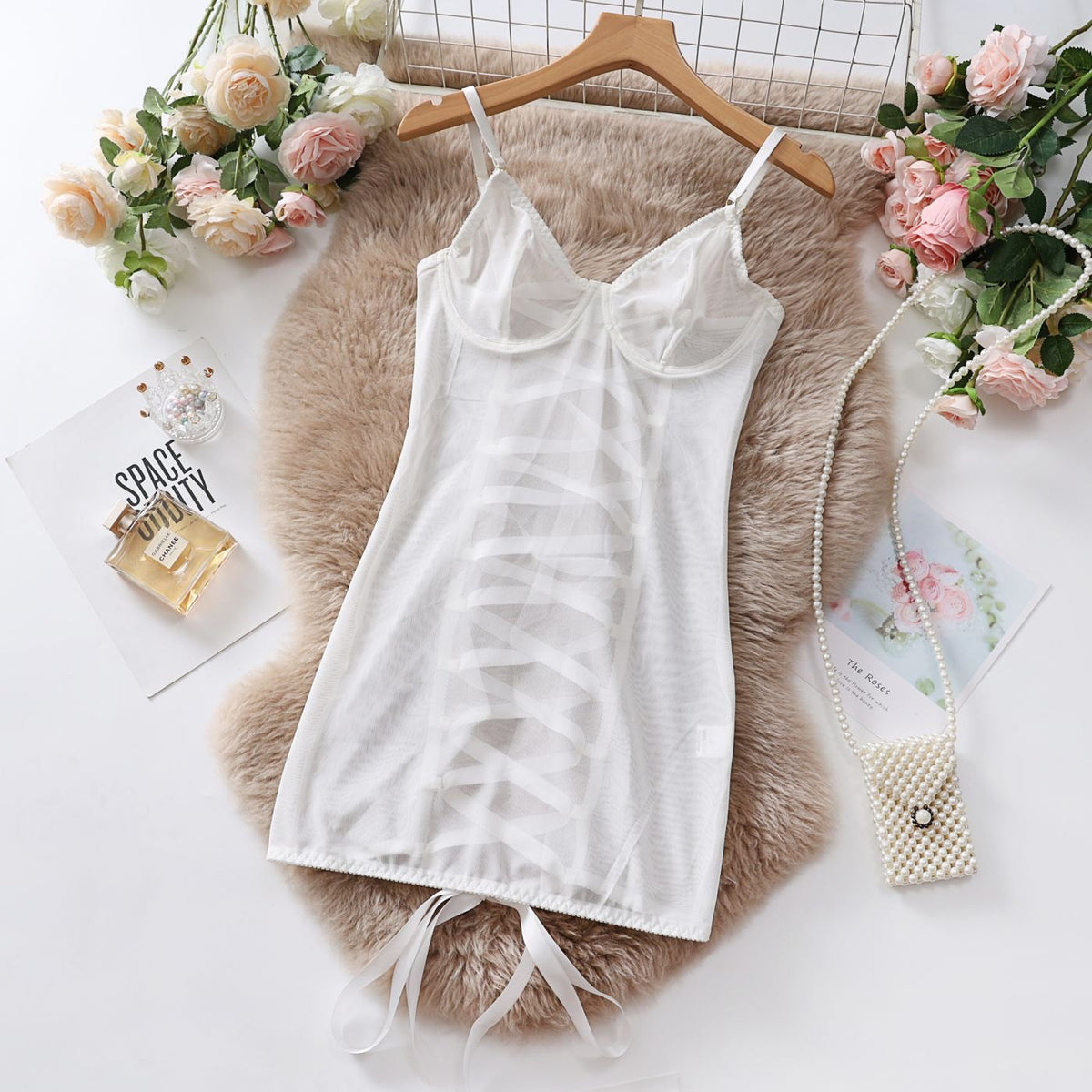 White mesh lace suspender jumpsuit lingerie