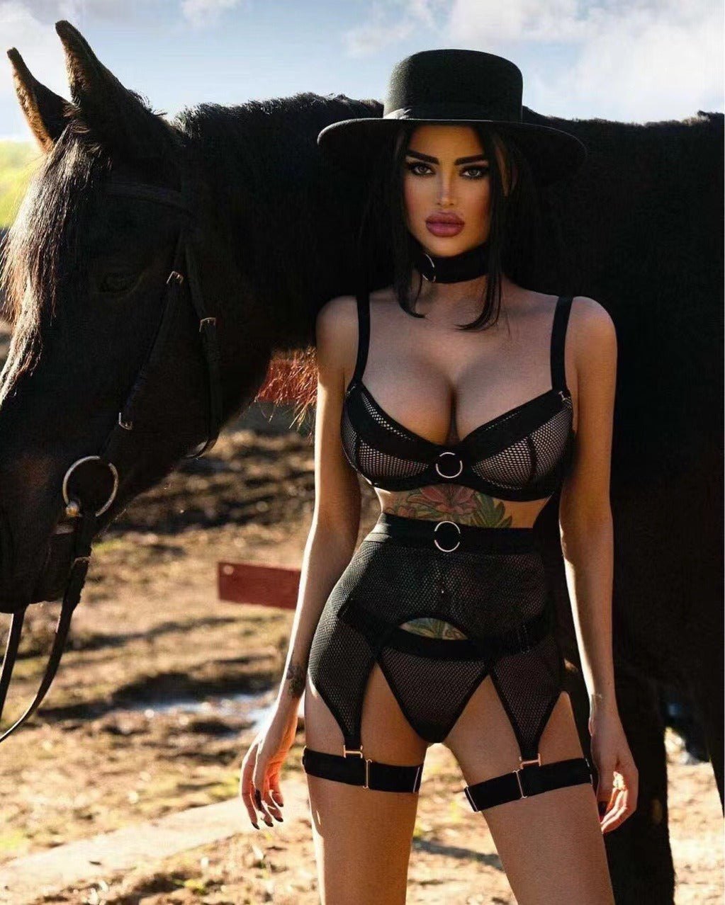 Mesh o-ring halter garter belt bra set, photo 9