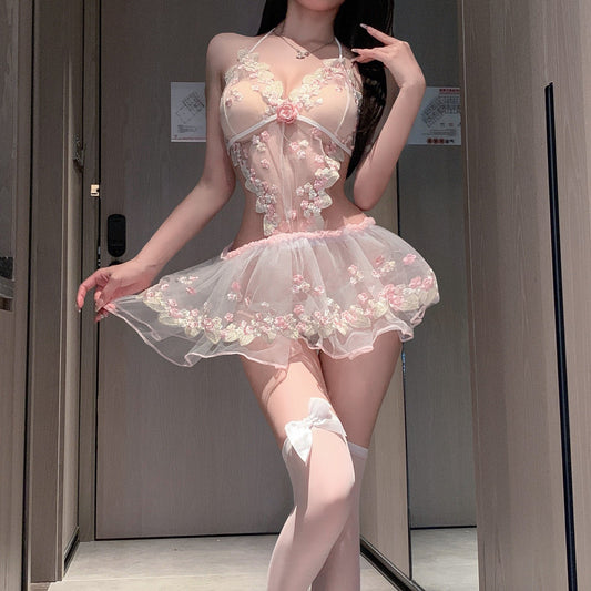 White mesh rose lace sling bodysuit lingerie