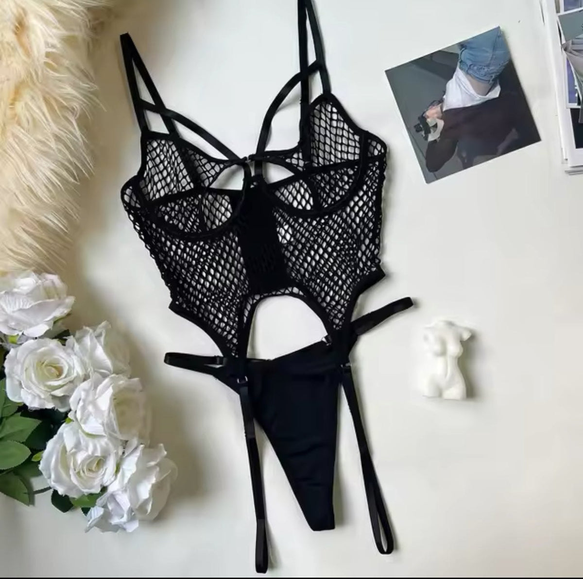 Mesh strappy cutout garter bodysuit set, photo 4