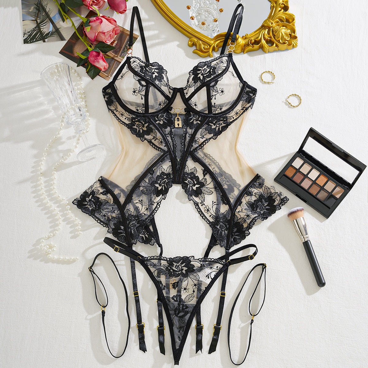 Black mesh underwire removable garter bodysuit