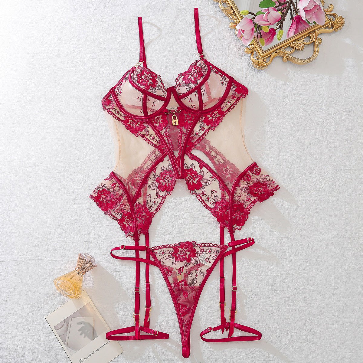 Red mesh underwire removable garter bodysuit