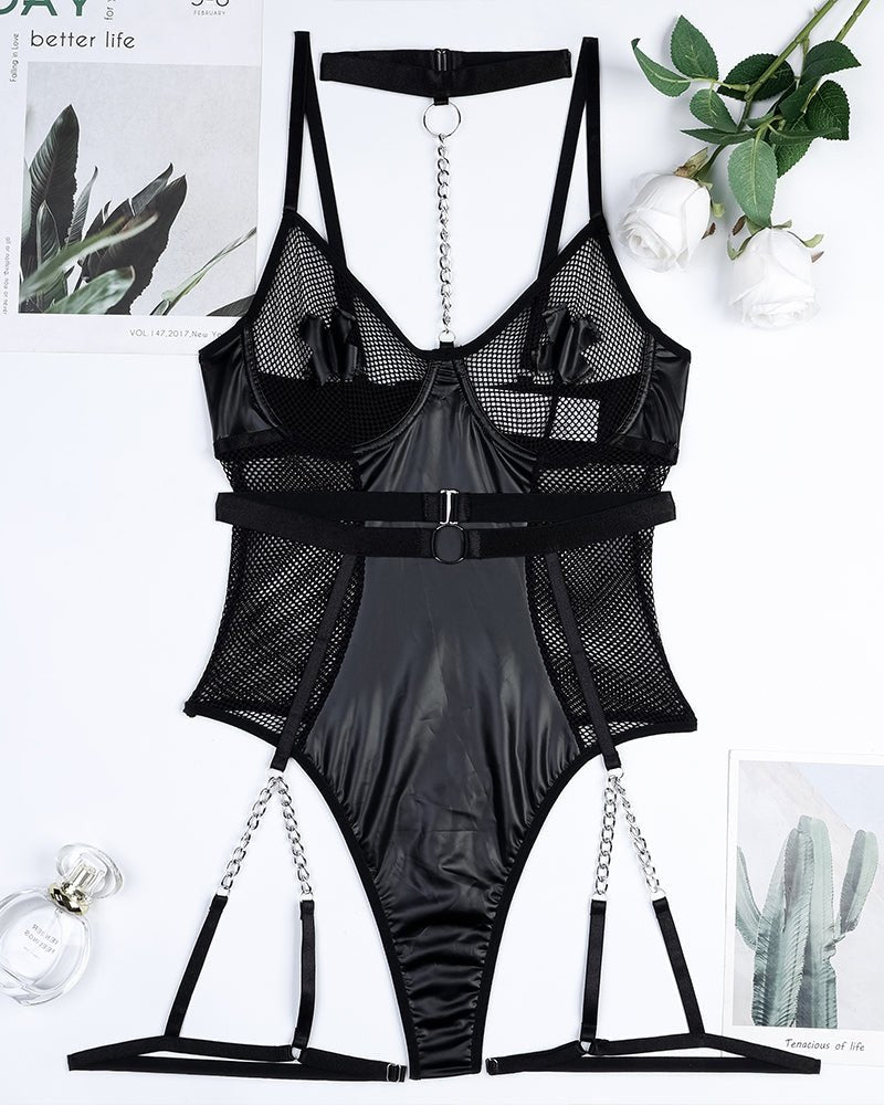 Metal buckle chain faux leather bodysuit, photo 4