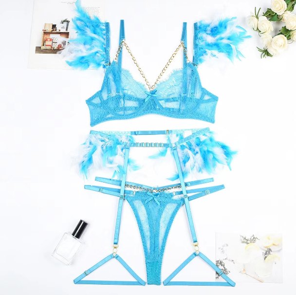 Light Blue metal chain feather lace garter set
