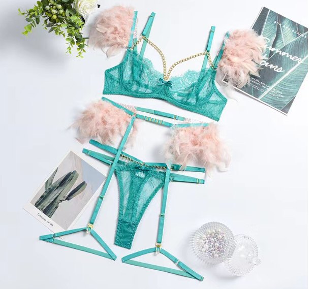 Peacock Blue metal chain feather lace garter set