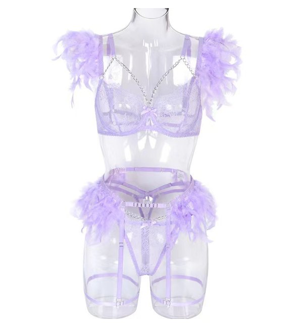 Purple metal chain feather lace garter set