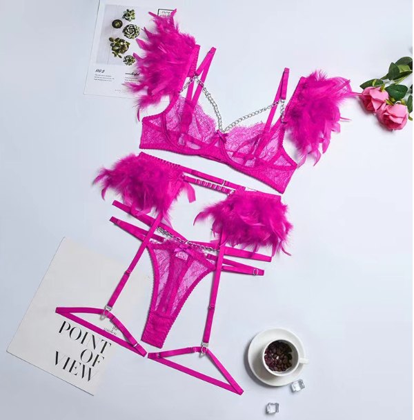Rose Red metal chain feather lace garter set