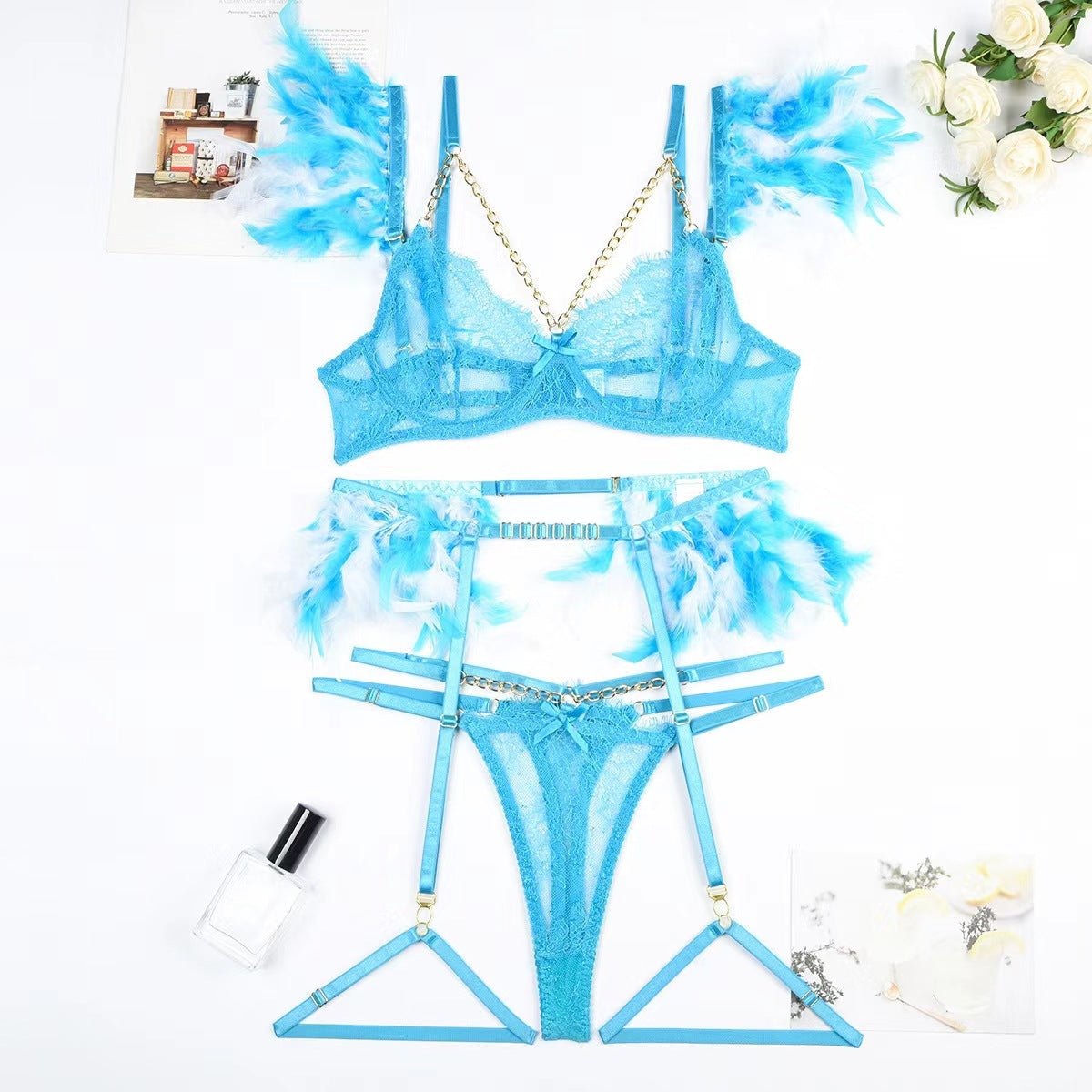 Metal chain feather lace garter set, photo 16