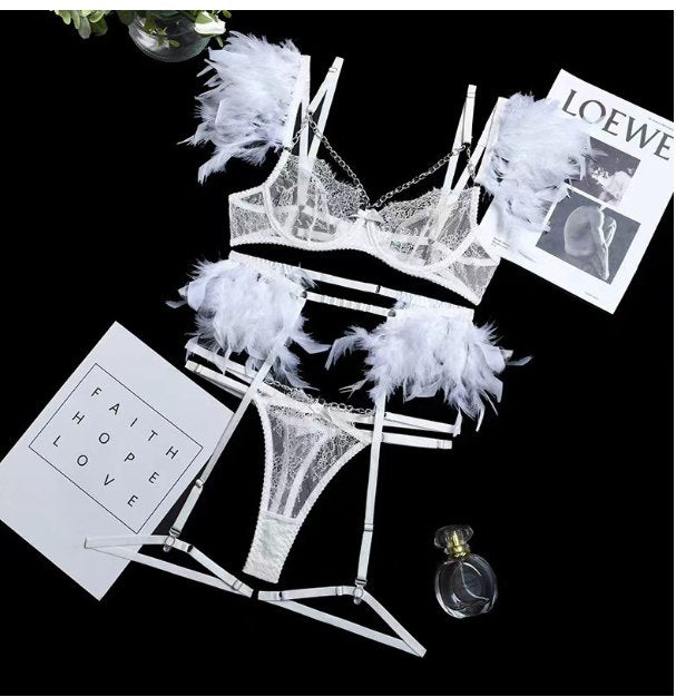 White metal chain feather lace garter set
