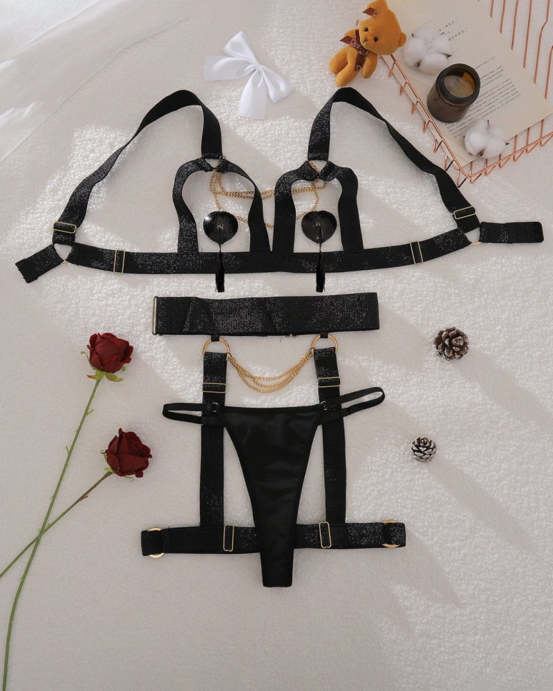 Metal chain open cup harness bra set, photo 4