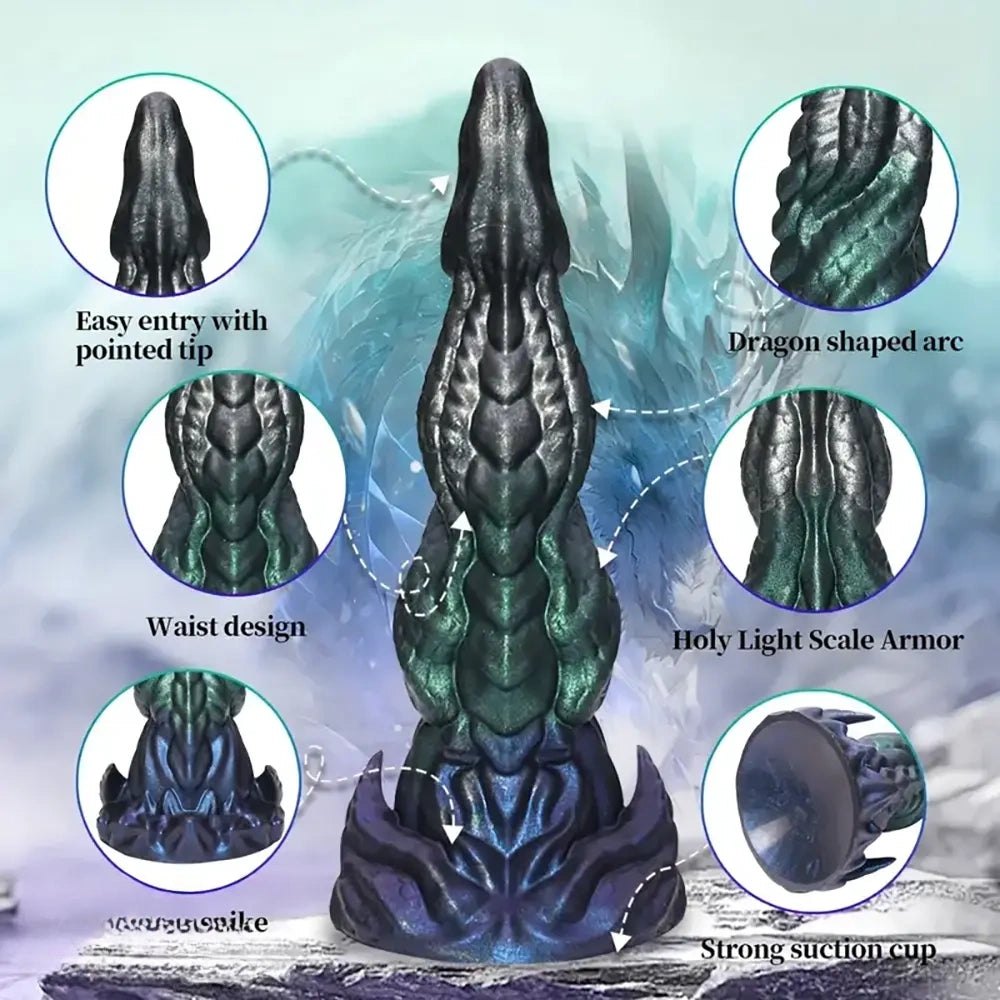 Black green and purple metallic silicone dragon dildo, photo 4