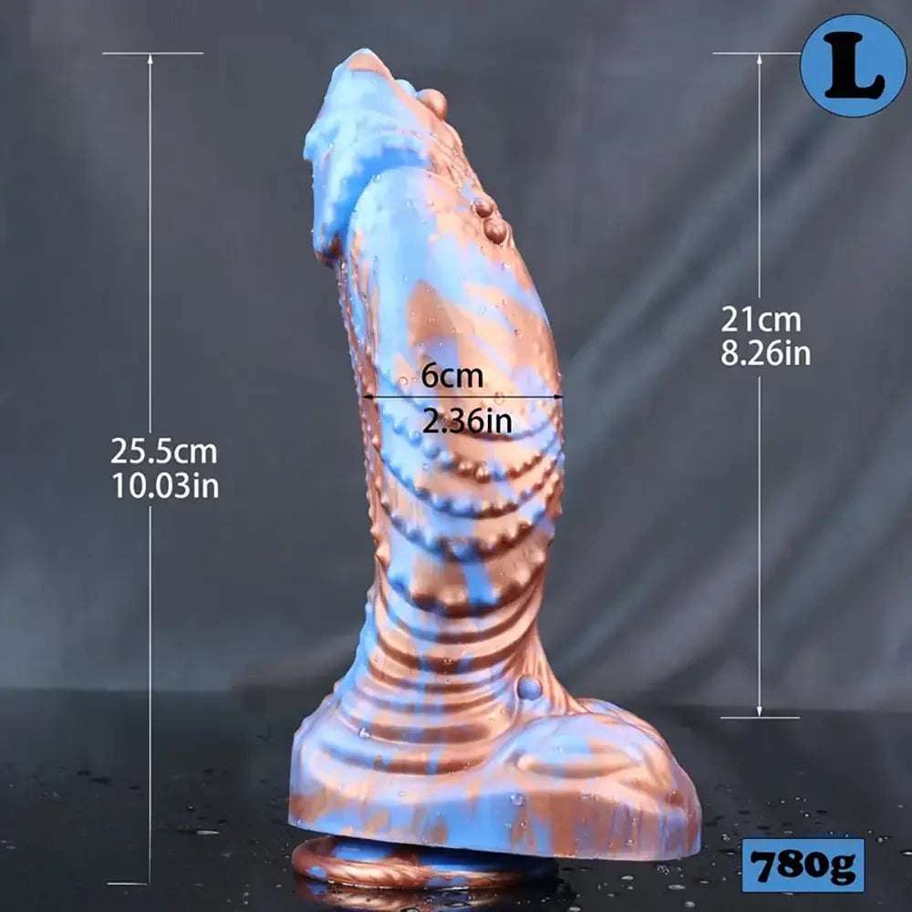 Blue metallic scaled fantasy silicone dildo