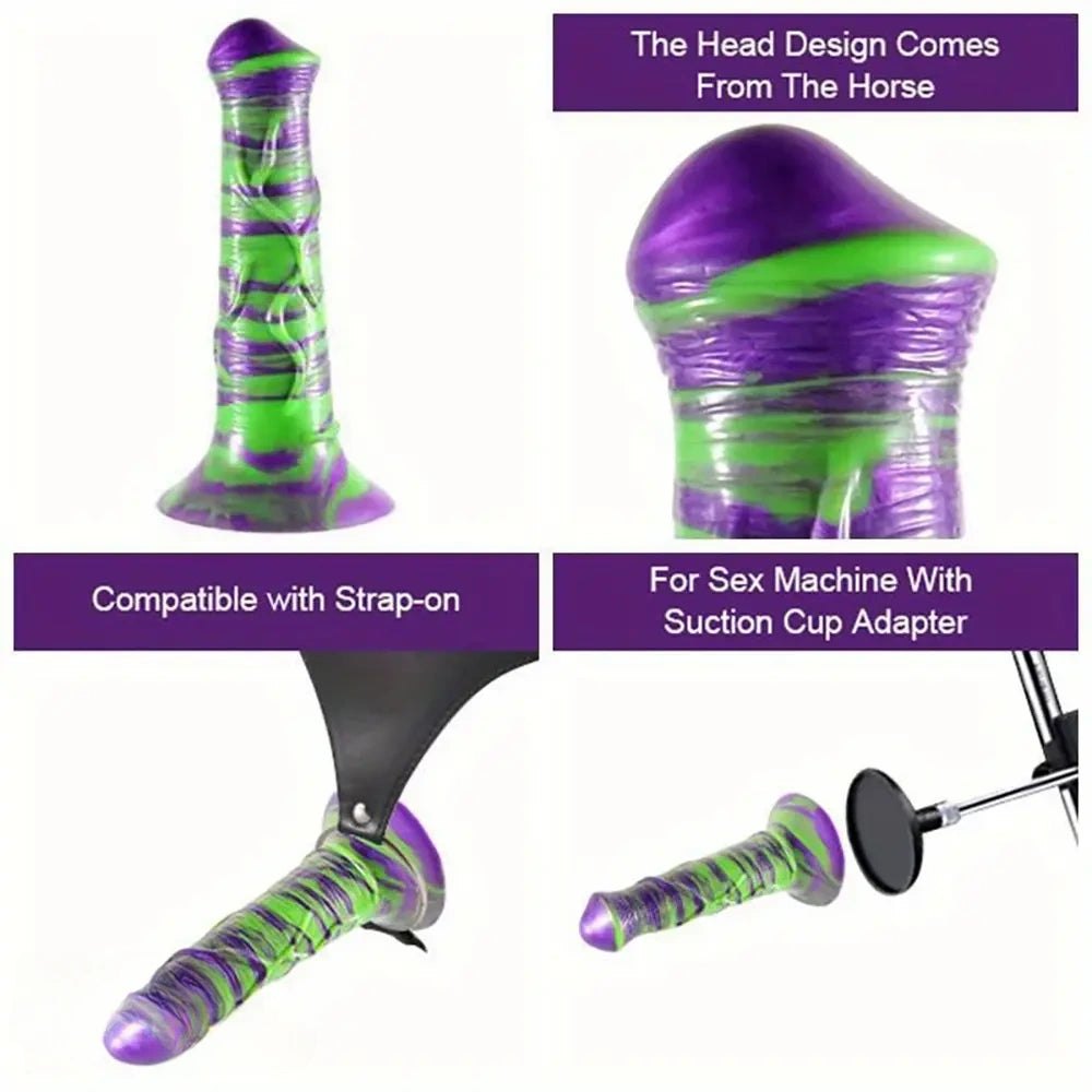 Purple and green ribbed silicone horse-style dildo, photo 5