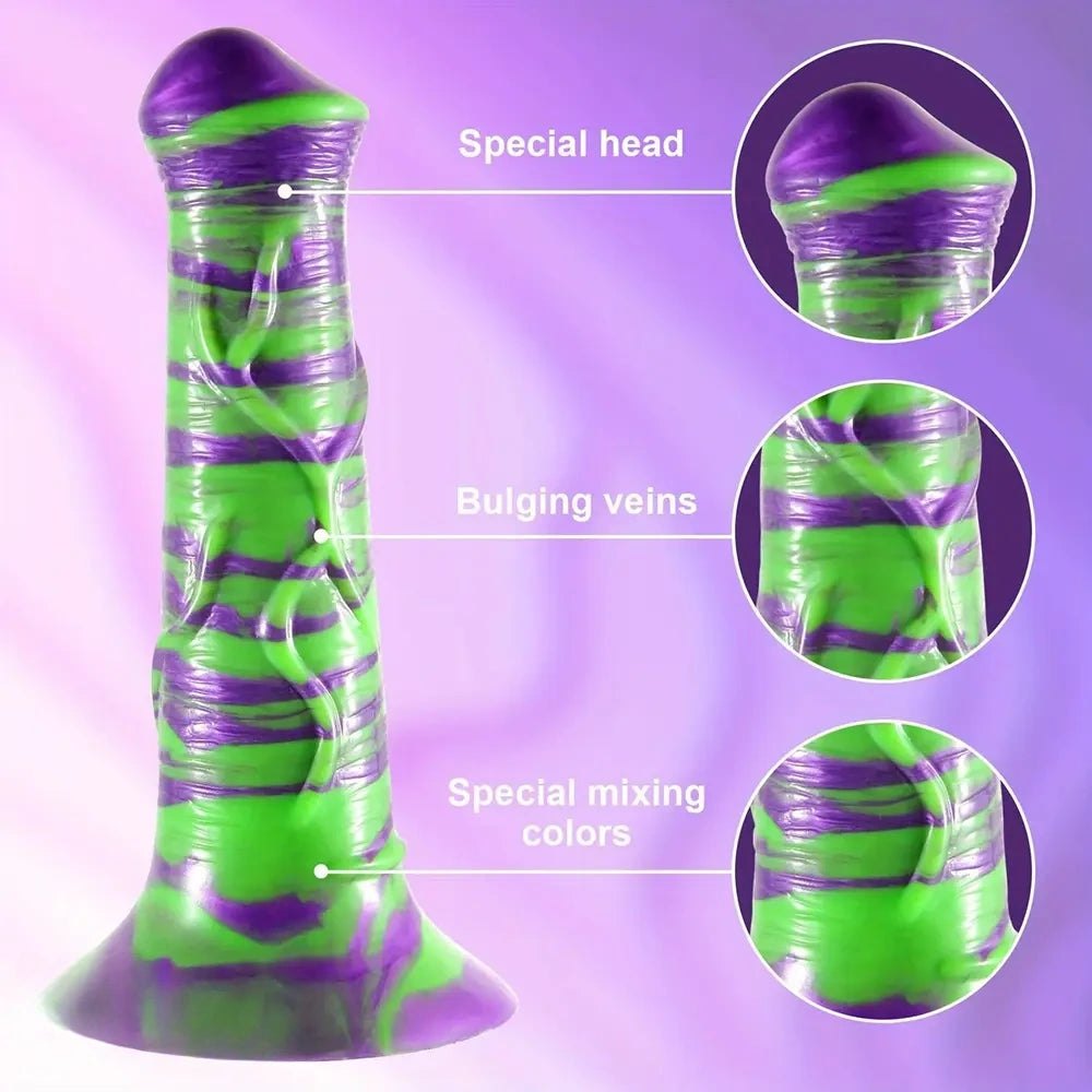 Purple and green ribbed silicone horse-style dildo, photo 6
