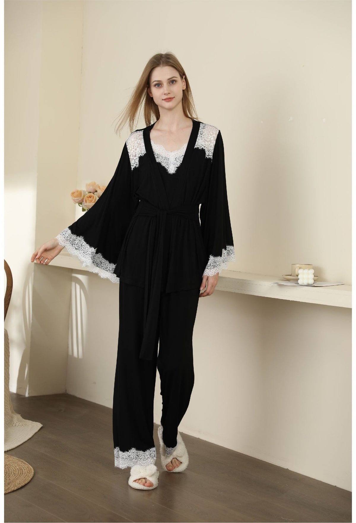 Black modal lace backless camisole robe set