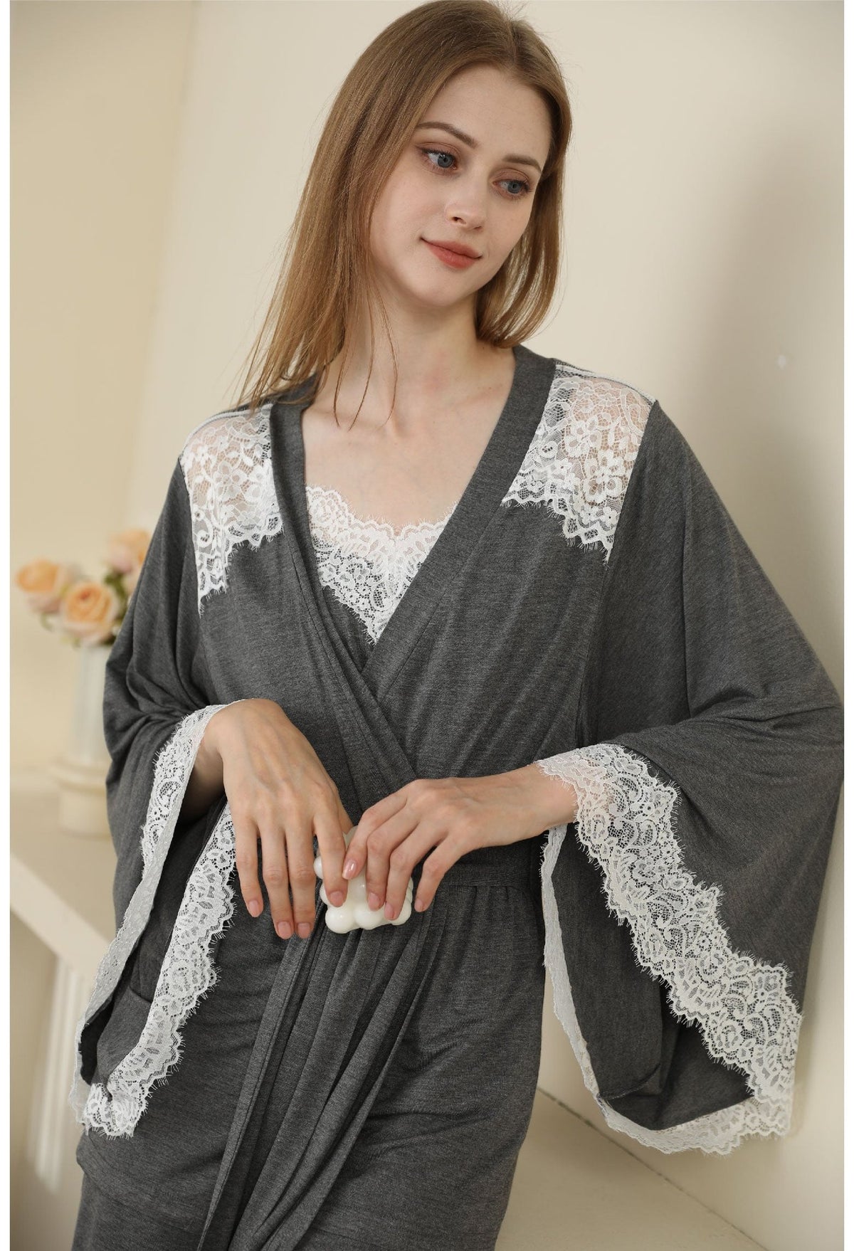 Gray modal lace backless camisole robe set