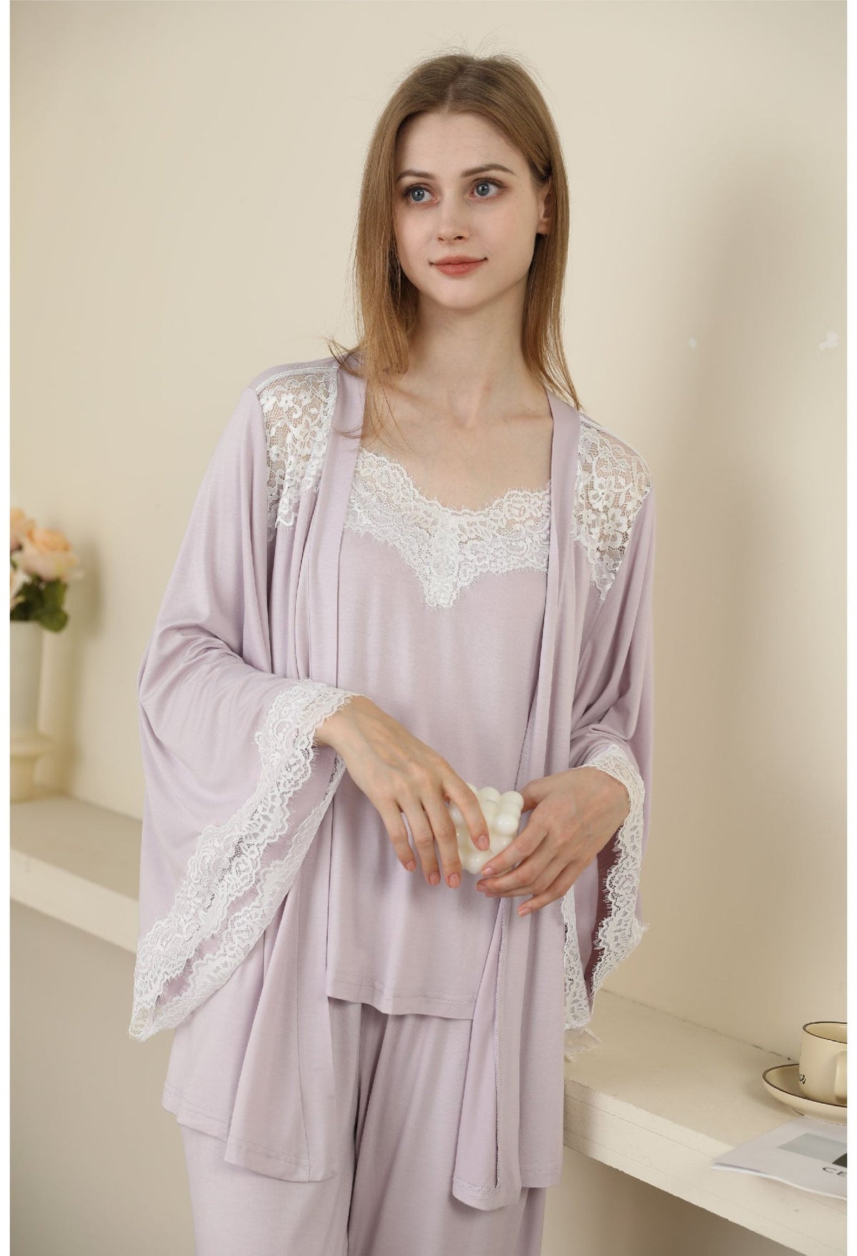 Purple modal lace backless camisole robe set