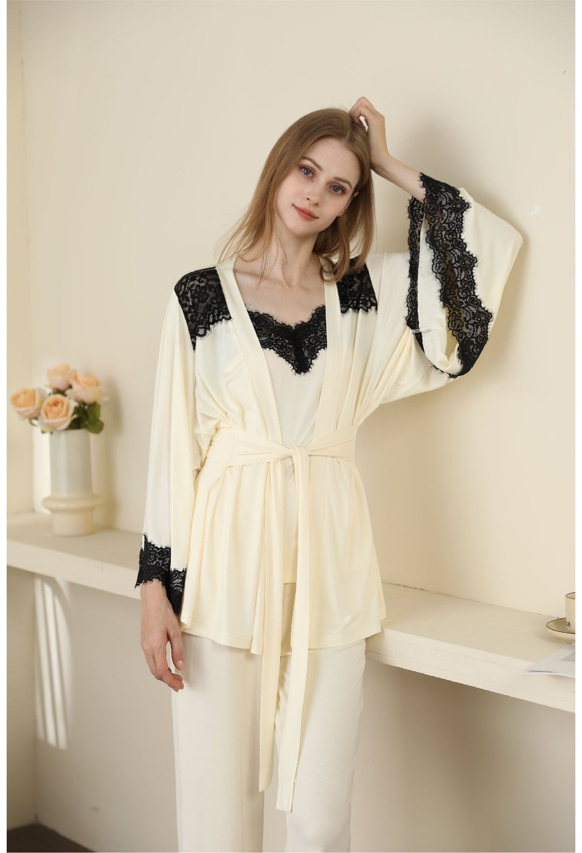 Yellow modal lace backless camisole robe set