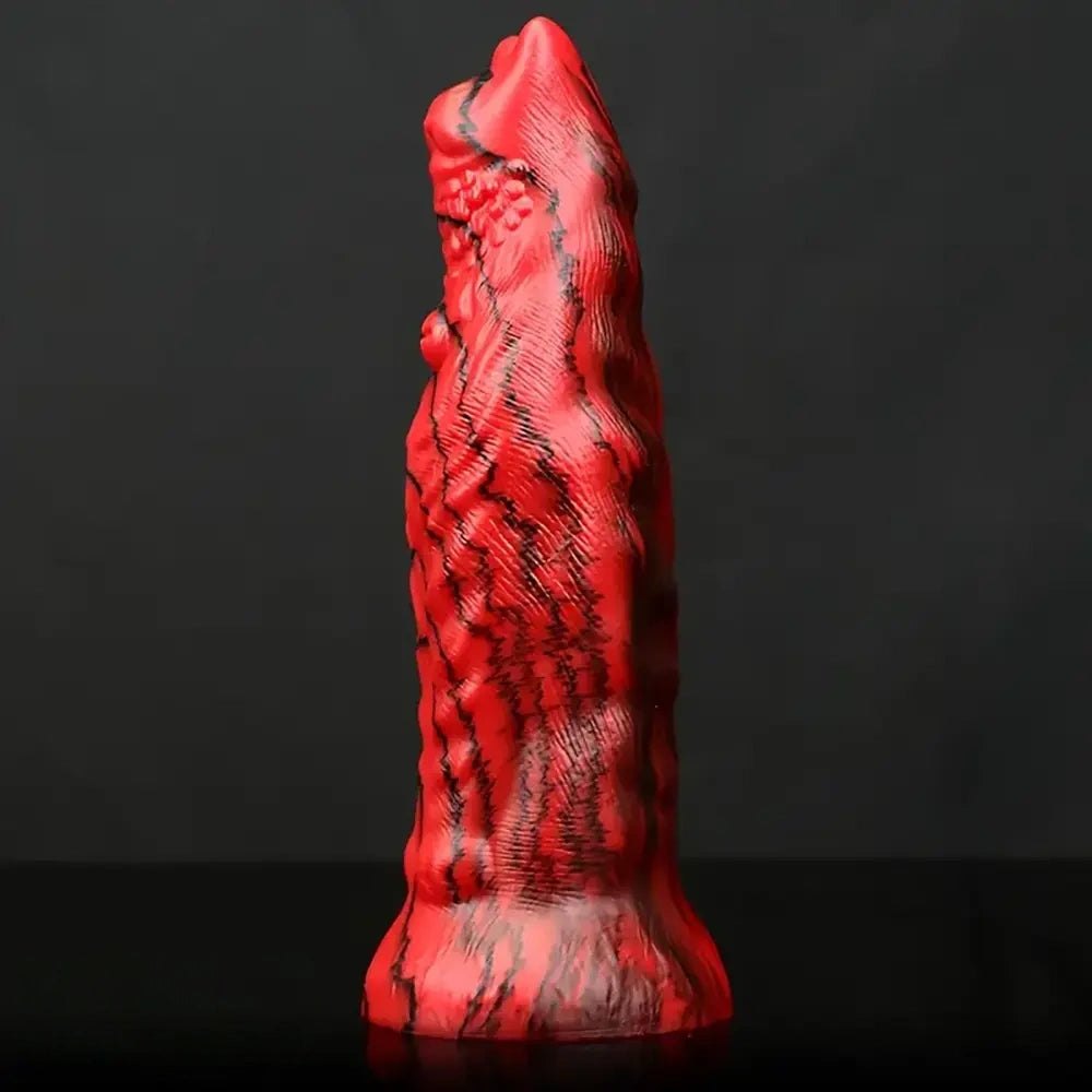 Red and black textured monster fantasy dildo, photo 2