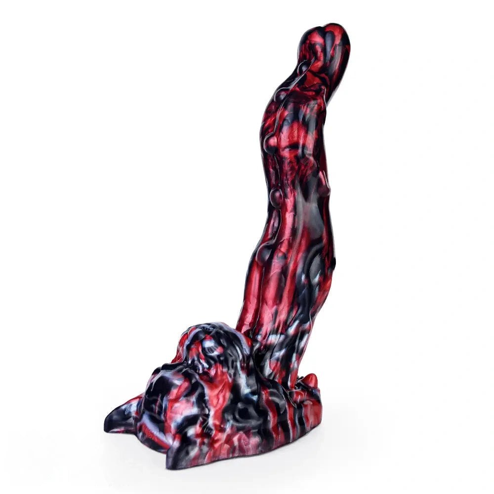 Red and black marbled silicone creature fantasy dildo, photo 1
